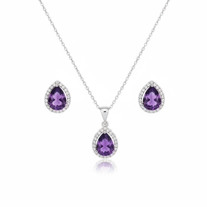 Elegant Amethyst Teardrop Necklace & Earrings Set - February Birthstone Jewelry
