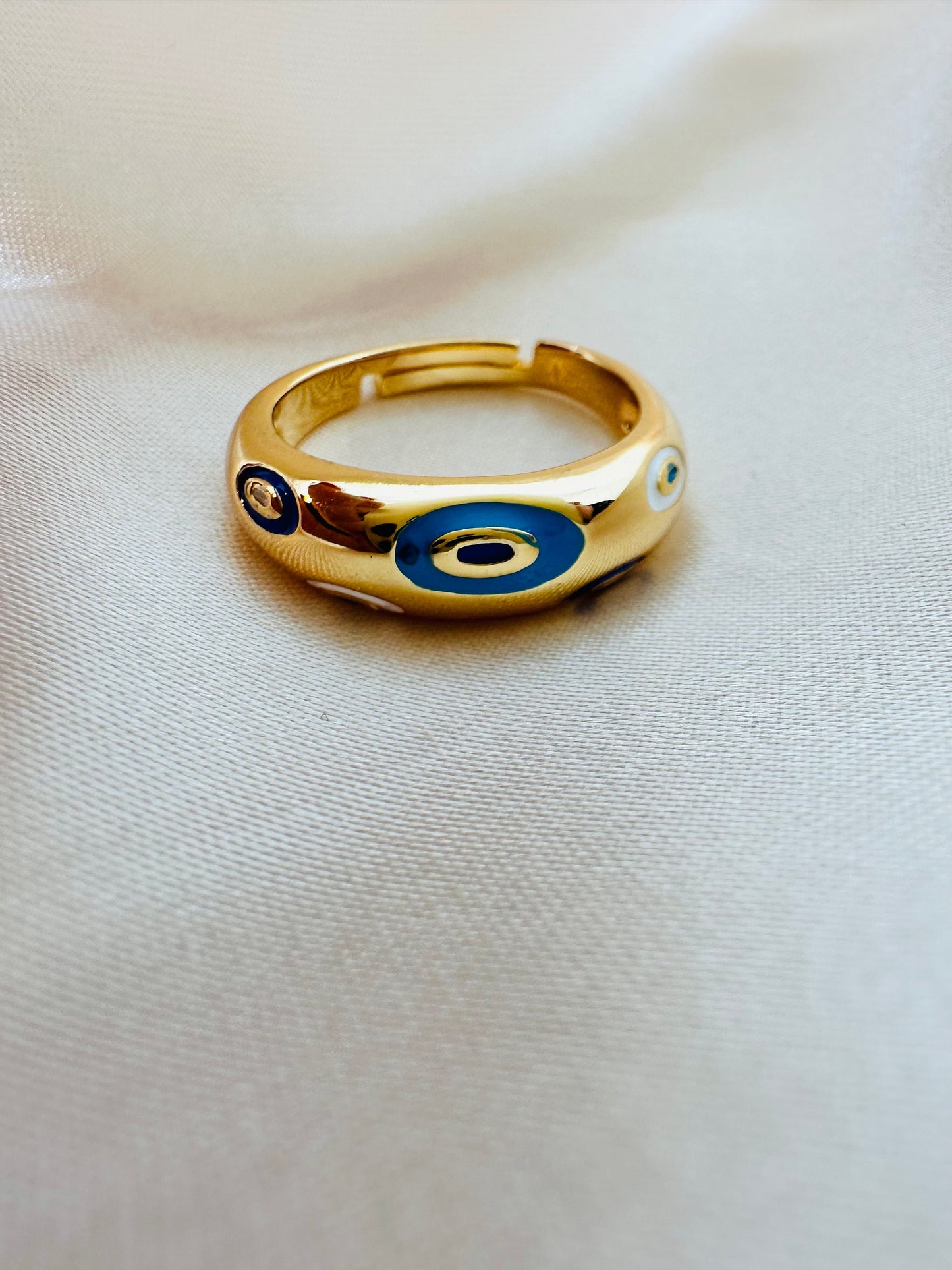 Gold Evil Eye Dome Ring - Adjustable Brass Ring