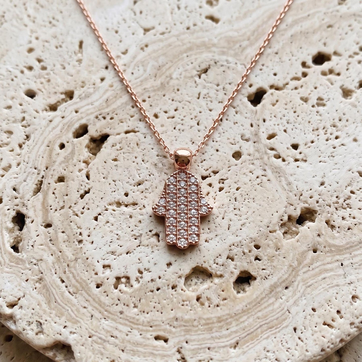 Rose Gold Hamsa Necklace - Sterling Silver Hand of Fatima with Zircon Pendant