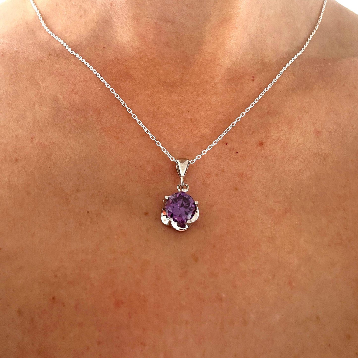 Amethyst Floral Pendant Necklace - Birthstone Jewelry for February Birthdays -