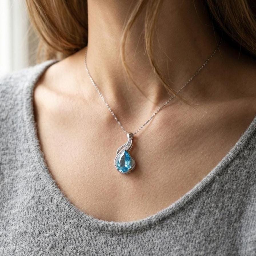 Aquamarine Teardrop Necklace – Sterling Silver March Birthstone Pendant - Gift For Her