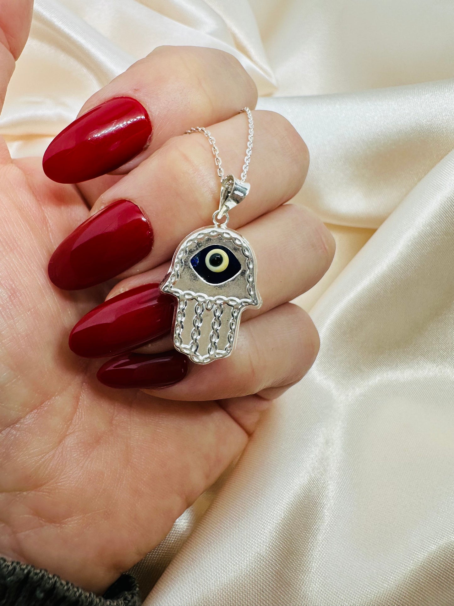 Sterling Silver Hamsa Hand Necklace - Evil Eye Pendant - Gift for Her