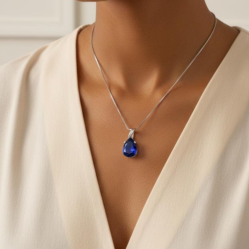 Sapphire Teardrop Necklace - September Birthstone Pendant -  Gift For Her