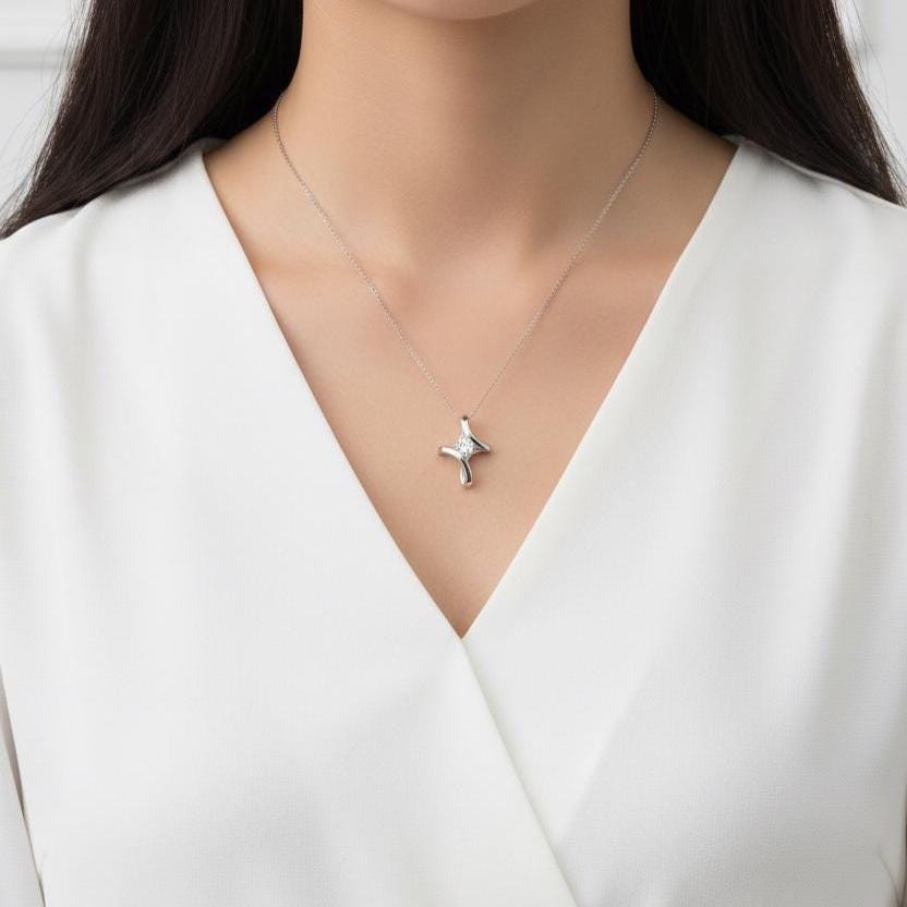 Minimalist Sterling Silver Cross Necklace with Zircon Solitaire Stone