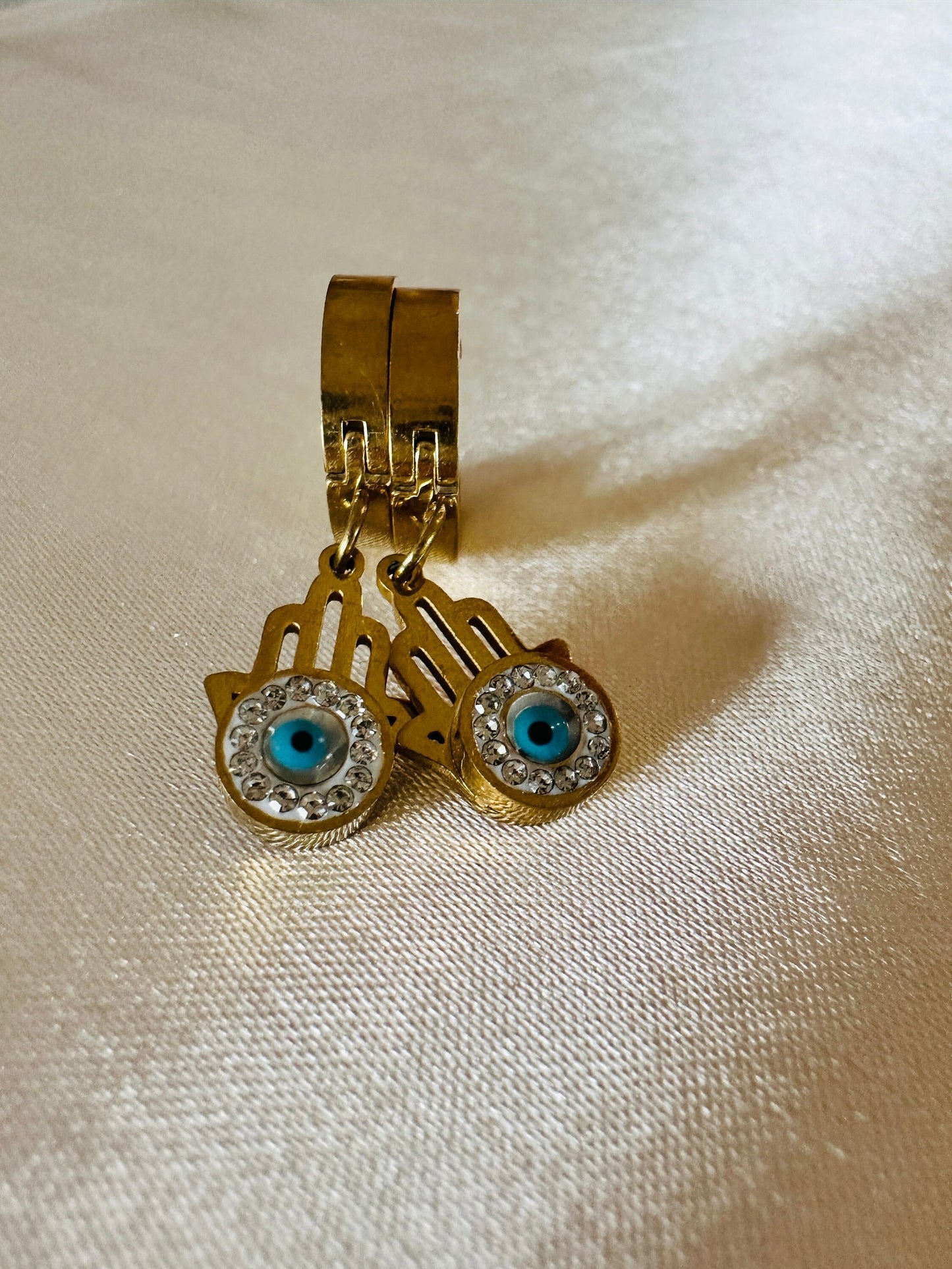 Gold Hamsa Hand Evil Eye Earrings: 18K Plated Stainless Steel