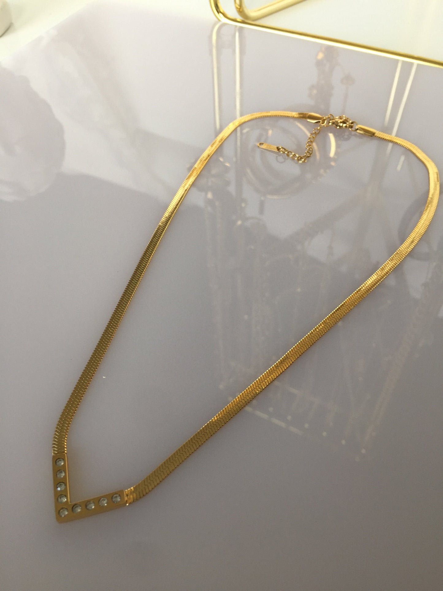 Herringbone Gold Necklace,Dainty V Pendant, Snake Chain