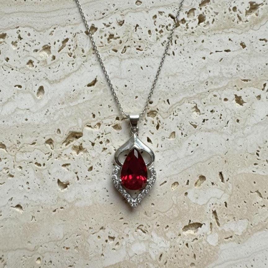 Pear Cut Ruby Pendant Necklace in Sterling Silver -July Birthstone -