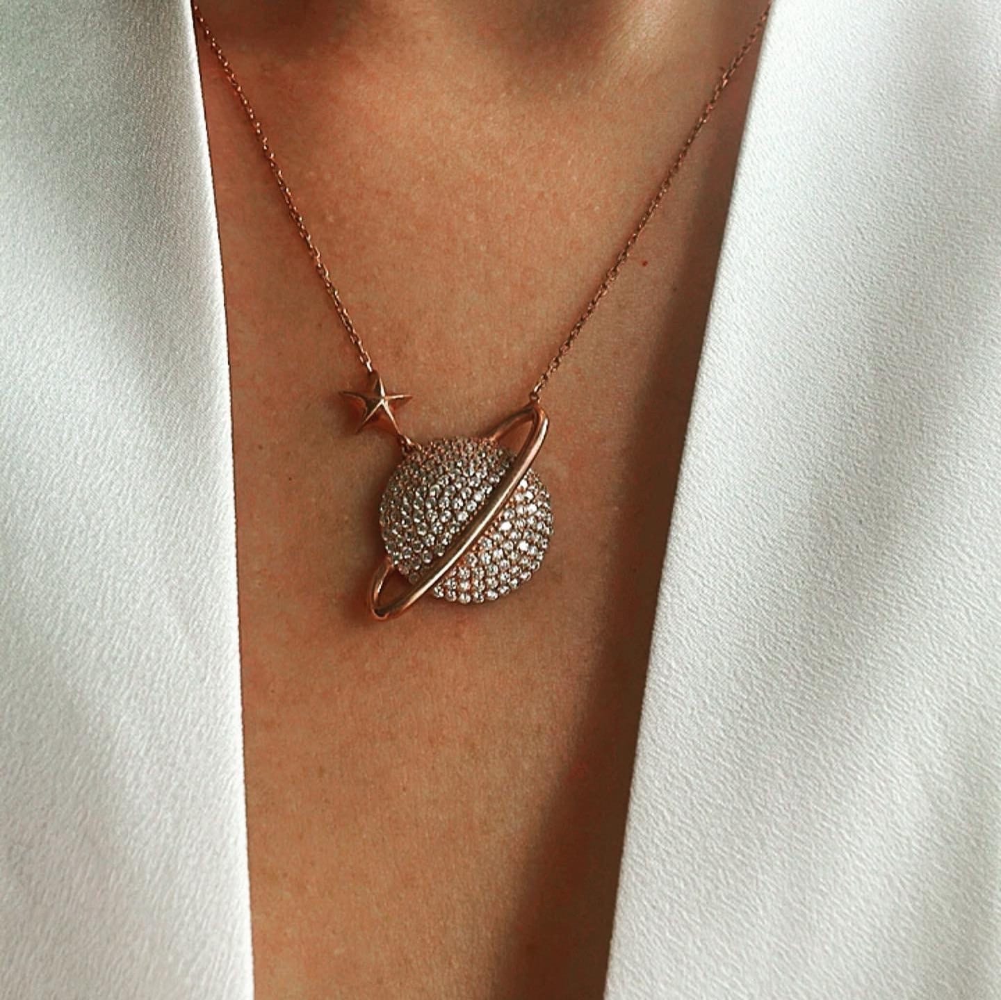 Sterling Silver Planet Pendant, Saturn Necklace in Rose Gold, Celestial Charm, Space Necklace,Exclusive Gift for Her