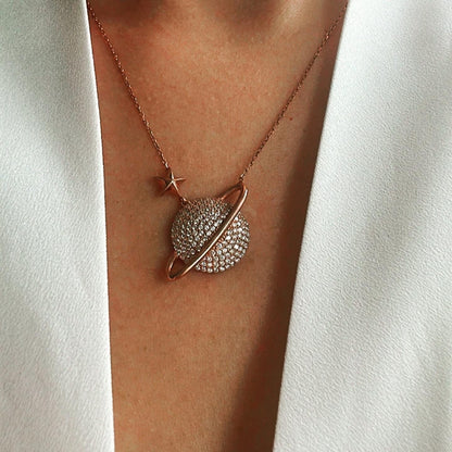 Sterling Silver Planet Pendant, Saturn Necklace in Rose Gold, Celestial Charm, Space Necklace,Exclusive Gift for Her