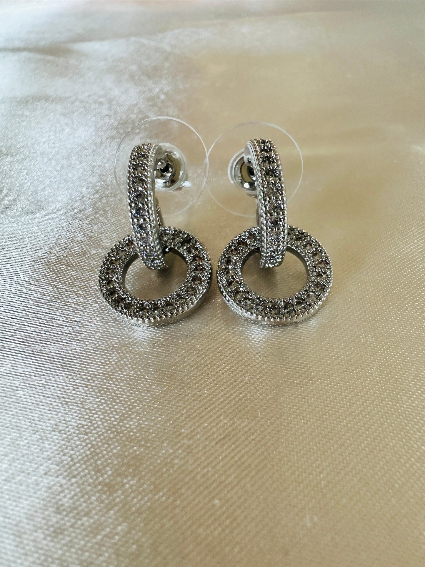 Cubic Zircon Dangle Drop Earrings: Silver Double Circle