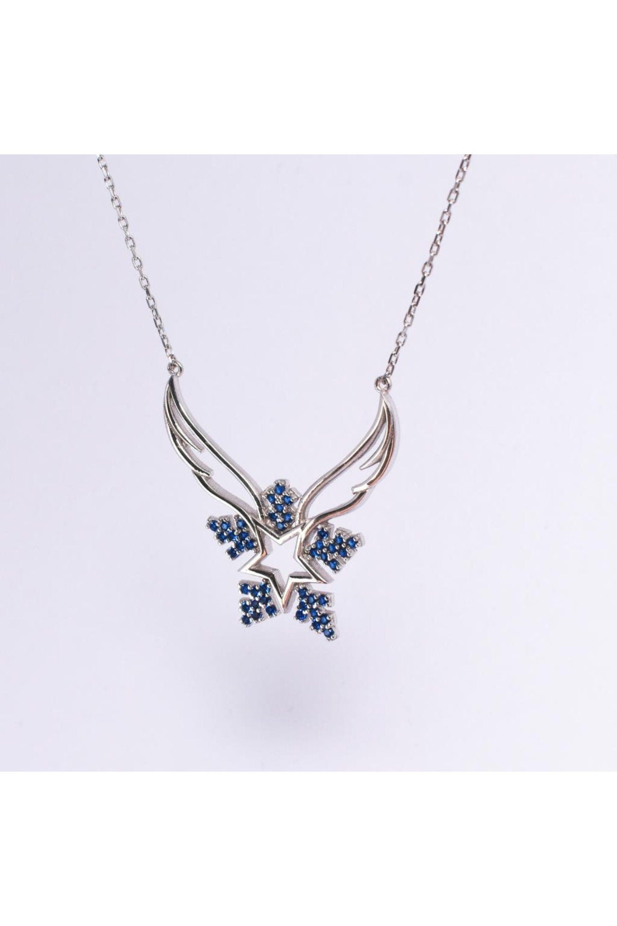 Sapphire Angel Wings Snowflake Necklace - Sterling Silver September Birthstone