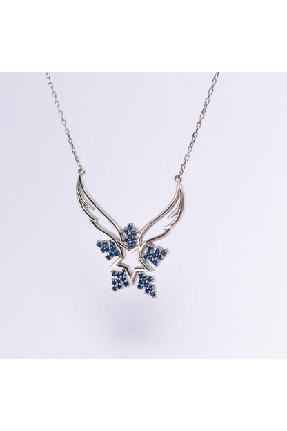 Sapphire Angel Wings Snowflake Necklace - Sterling Silver September Birthstone