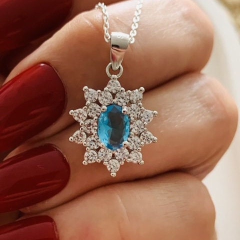 Dainty Blue Topaz Necklace in Sterling Silver– December Birthstone Floral Pendant - Gift For Her