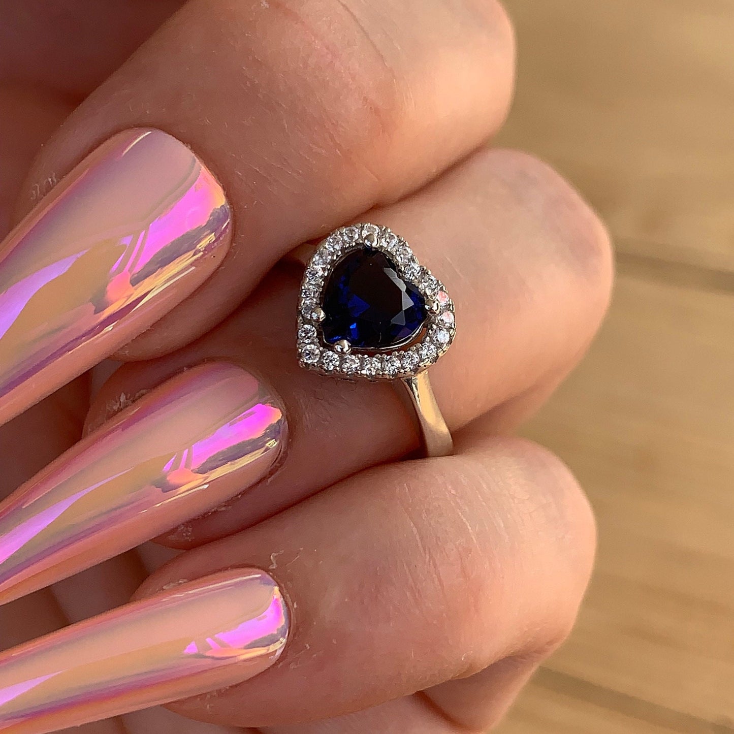 Sterling Silver Adjustable Sapphire Heart Ring -