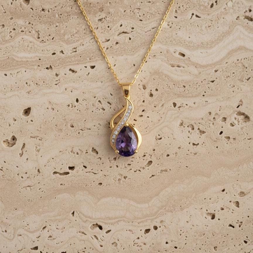 February Birthstone Necklace – Gold Vermeil Amethyst Teardrop Pendant