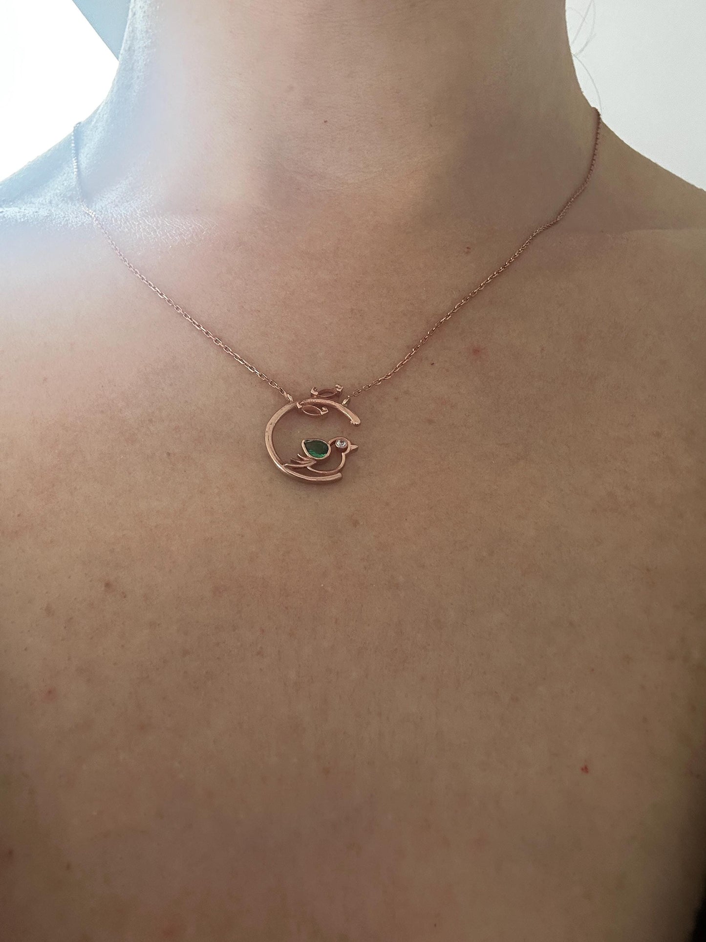 Rose Gold Vermeil Emerald Bird Necklace - May Birthstone Pendant