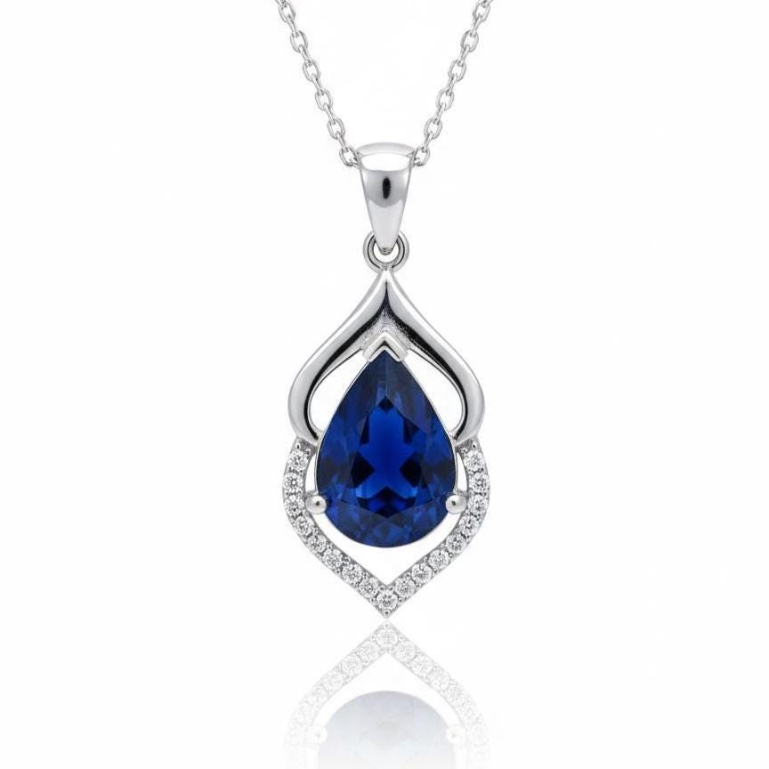 September Birthstone Necklace - Sapphire Teardrop Pendant in Sterling Silver