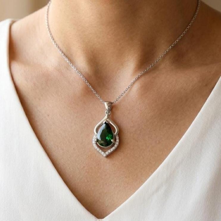 Handmade Emerald Teardrop Necklace - May Birthstone Jewelry - Valentine's Gift