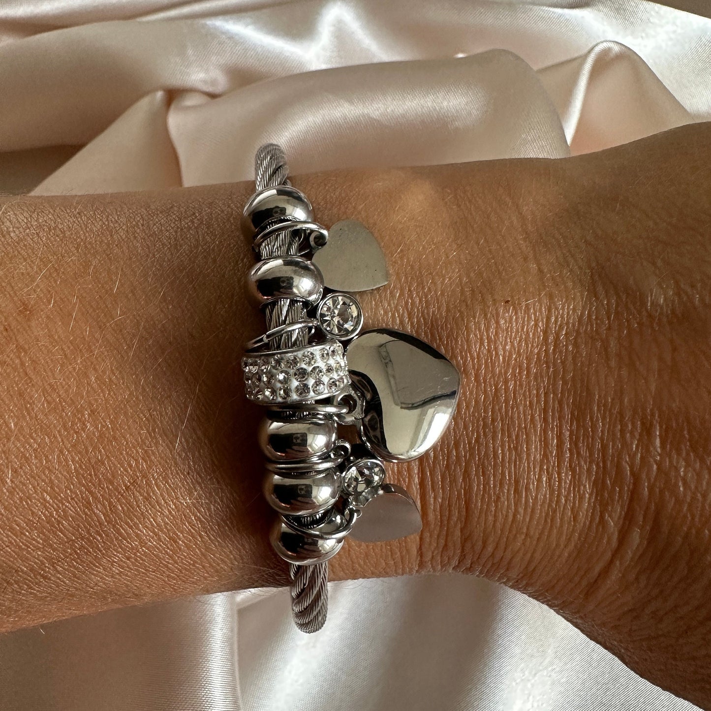 Silver Stainless Steel Charm Bangle: Hypoallergenic Heart Bracelet