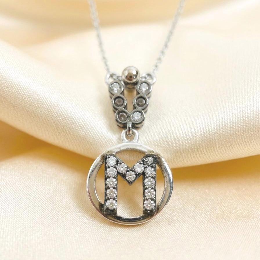 Sterling Silver Letter M Necklace - Personalized Zircon Initial Jewelry