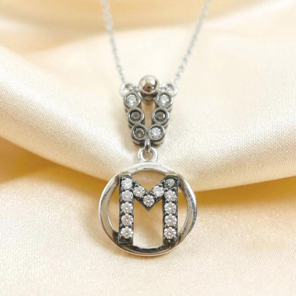Sterling Silver Letter M Necklace - Personalized Zircon Initial Jewelry