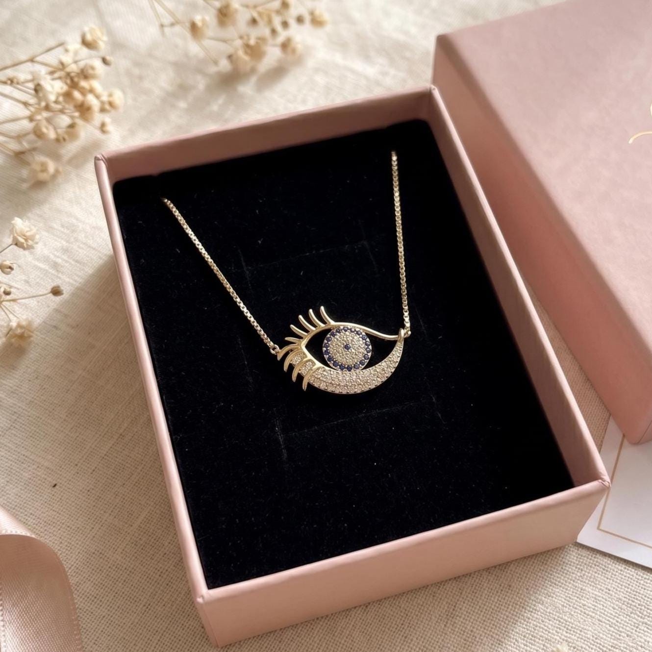 Gold Vermeil Evil Eye Necklace -  Sterling Silver Dainty Zircon Pendant - Gift For Her
