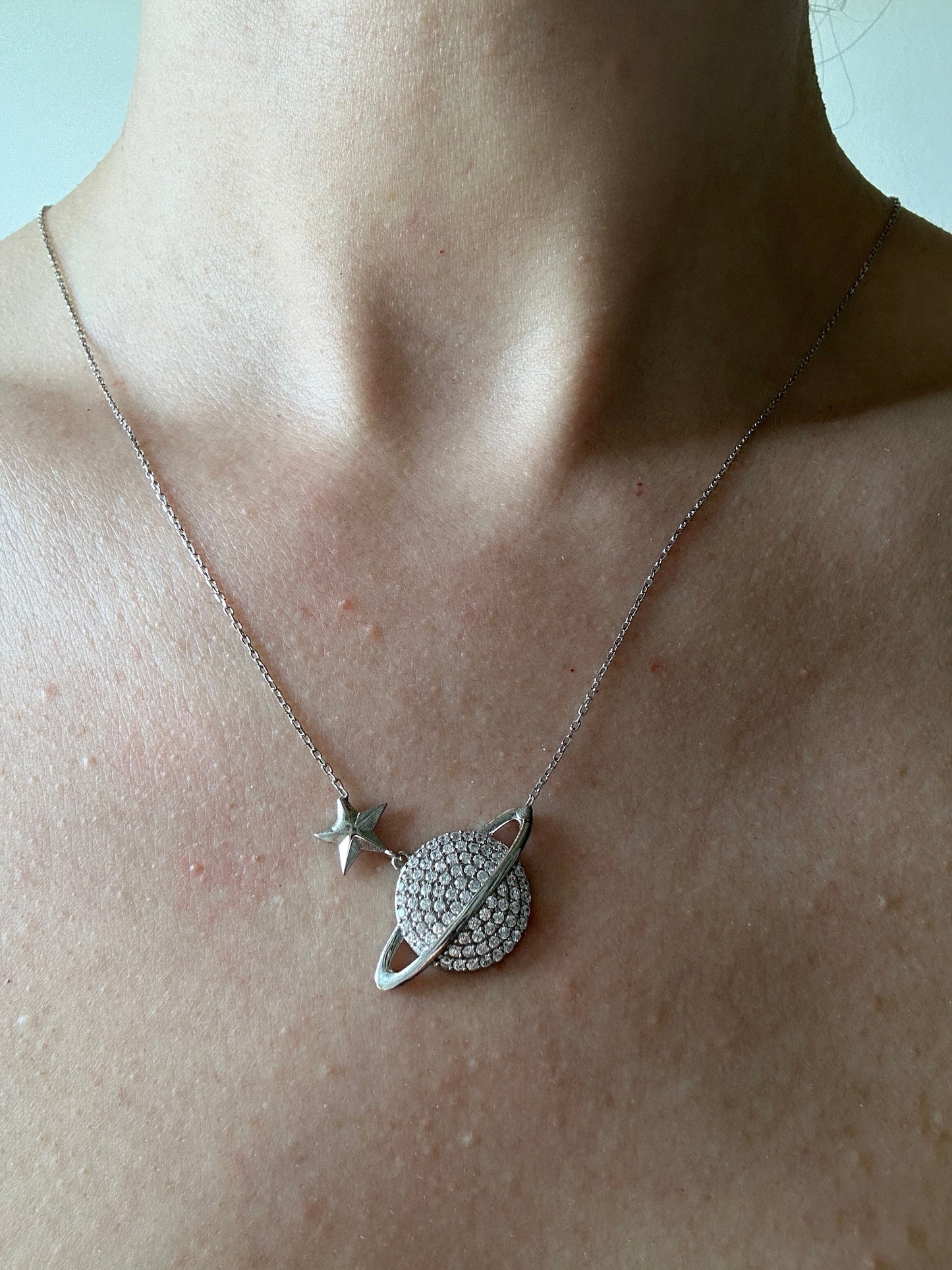 Celestial Charm-Sterling Silver Saturn Necklace with Sparkling Zircon Planet Pendant -Exclusive Gift for Her