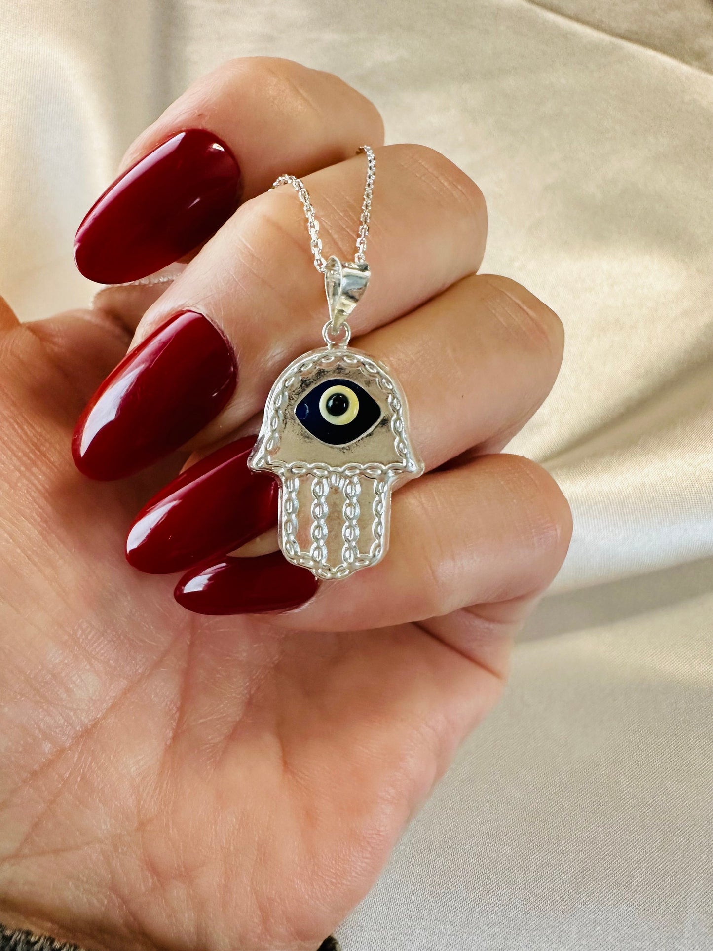 Sterling Silver Hamsa Hand Necklace - Evil Eye Pendant - Gift for Her