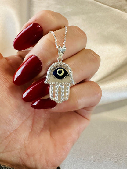 Sterling Silver Hamsa Hand Necklace - Evil Eye Pendant - Gift for Her