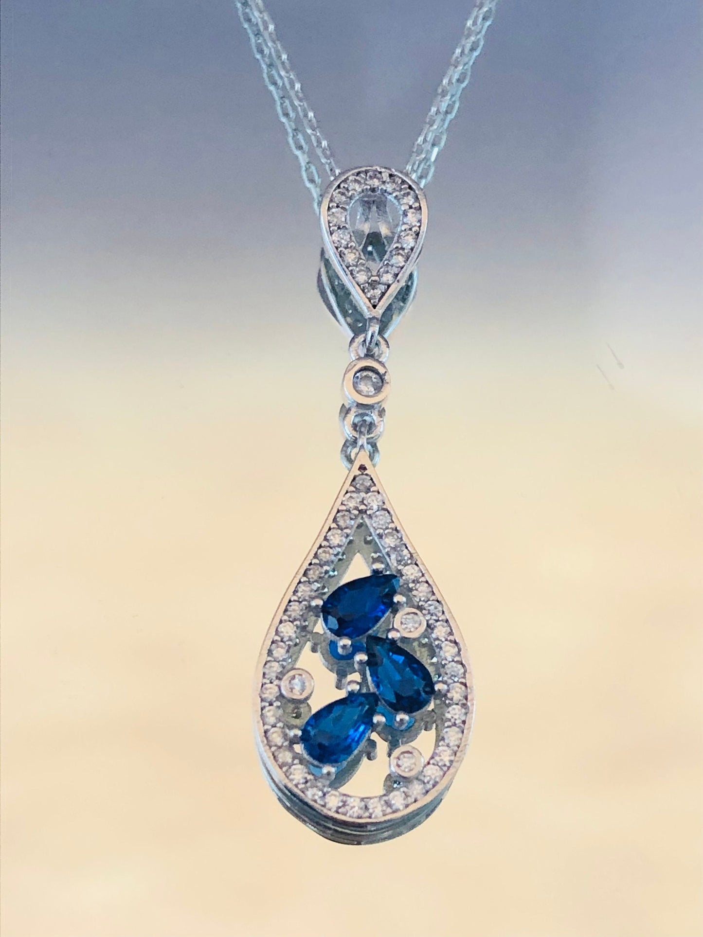 Sterling Silver Sapphire Pendant - September Birthstone Teardrop Necklace -
