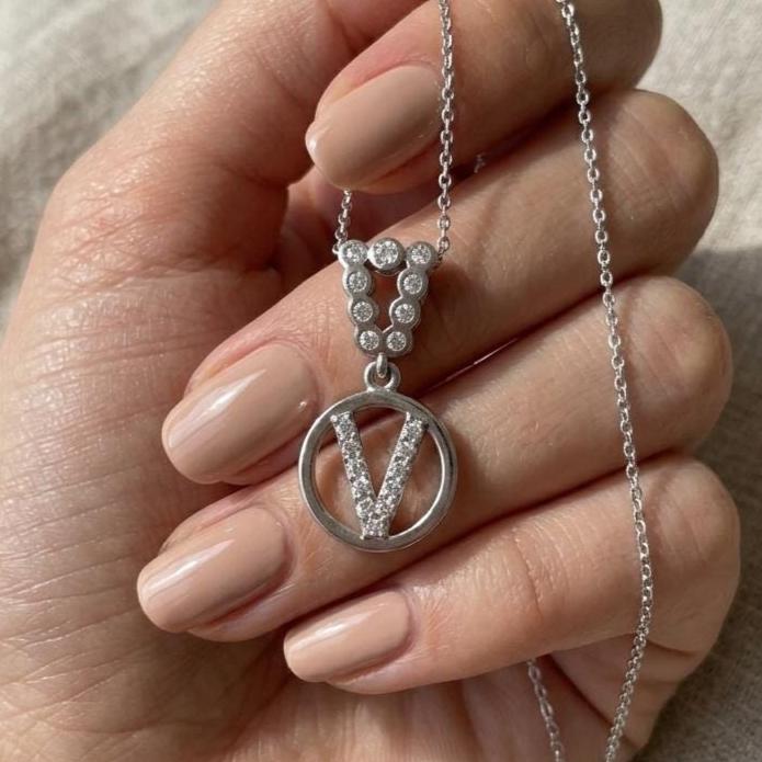 Personalized Sterling Silver V Initial Necklace - Custom Letter with Zircon