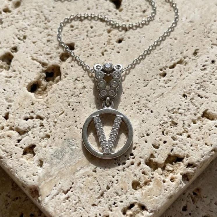 Personalized Sterling Silver V Initial Necklace - Custom Letter with Zircon