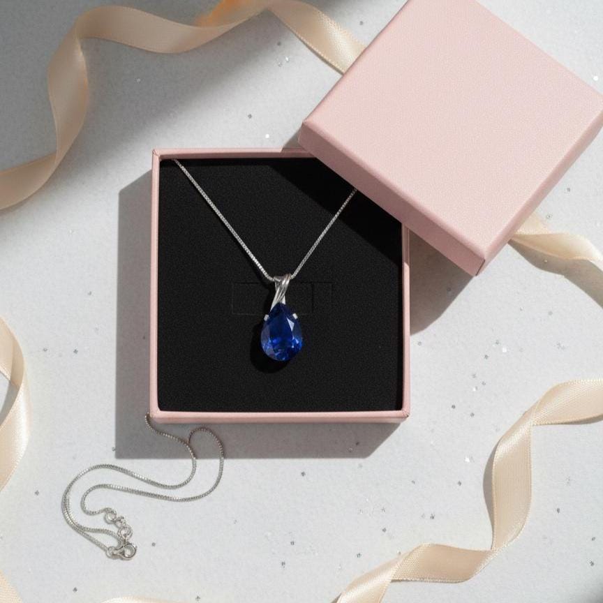 Sapphire Teardrop Necklace - September Birthstone Pendant -  Gift For Her