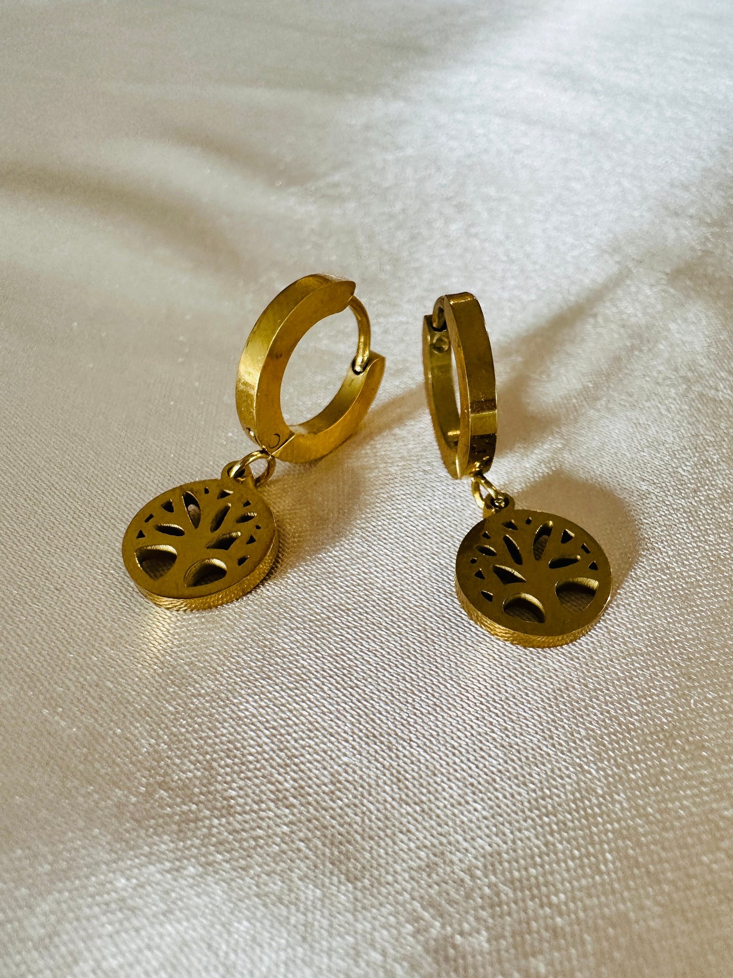 Gold Life Tree Dangle Earrings: Hypoallergenic Steel