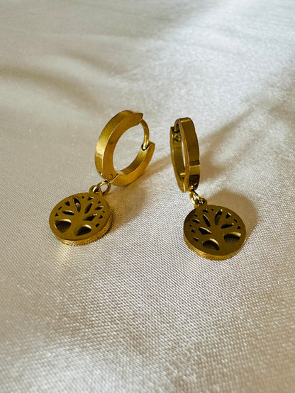 Gold Life Tree Dangle Earrings: Hypoallergenic Steel