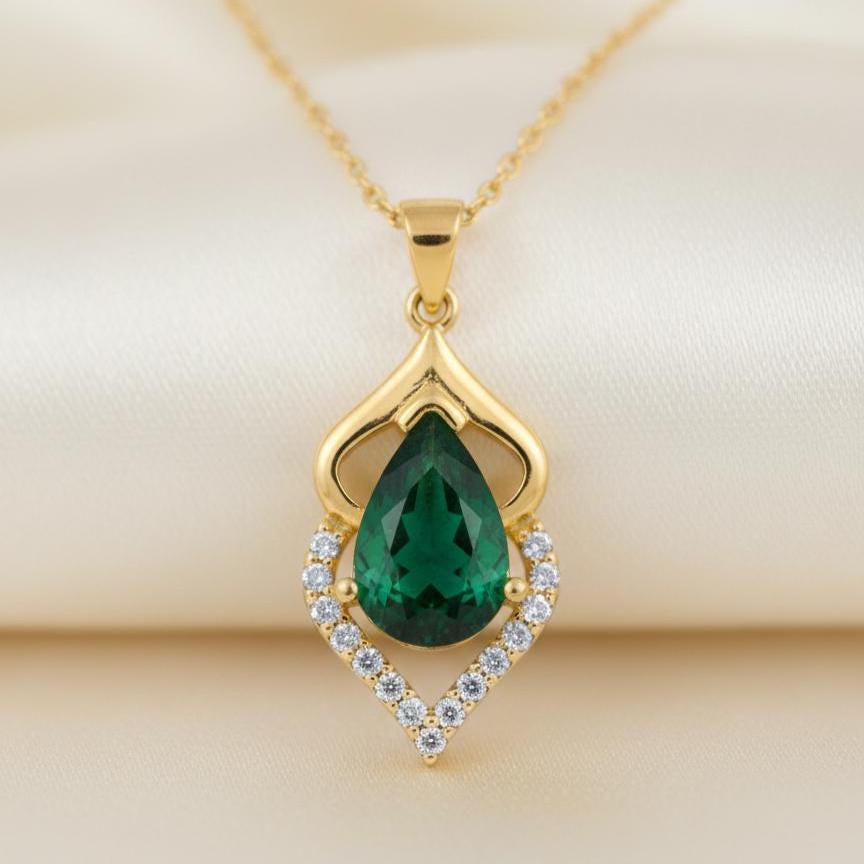 Gold Vermeil Emerald Pendant - Sterling Silver May Birthstone Necklace