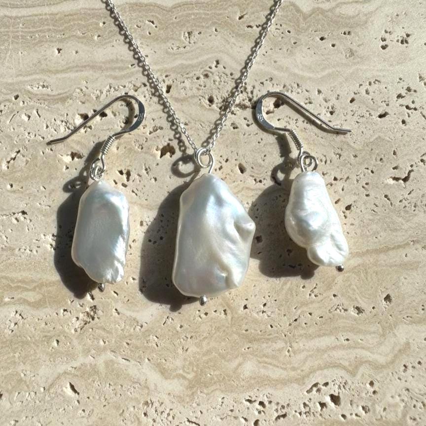 Handcrafted Sterling Silver Baroque Pearl Necklace & Earrings Set