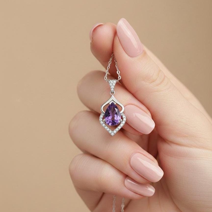 Pear Cut Amethyst Pendant Necklace in Sterling Silver - February Birthstone -