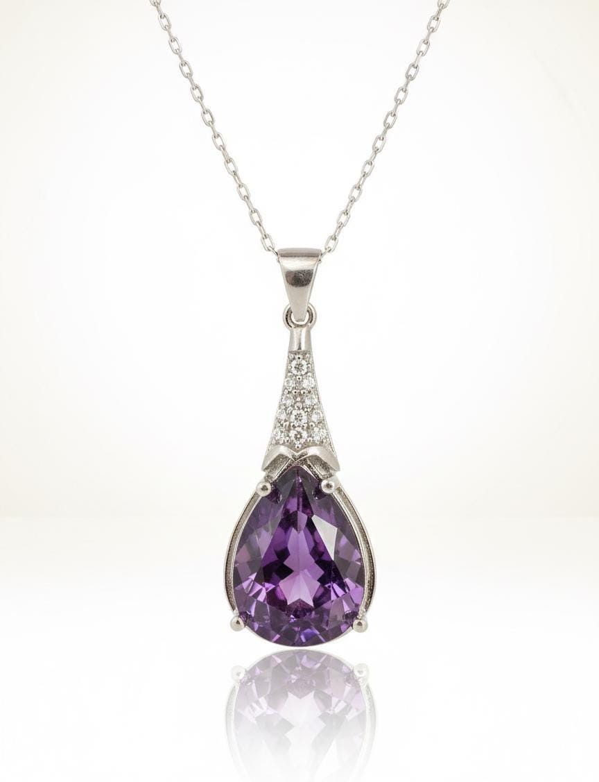 Chunky Amethyst Gemstone Necklace in Sterling Silver- February Birthstone Jewelry