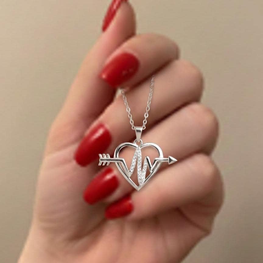 Sterling Silver Heartbeat Pendant Necklace with Glittering Zircon -