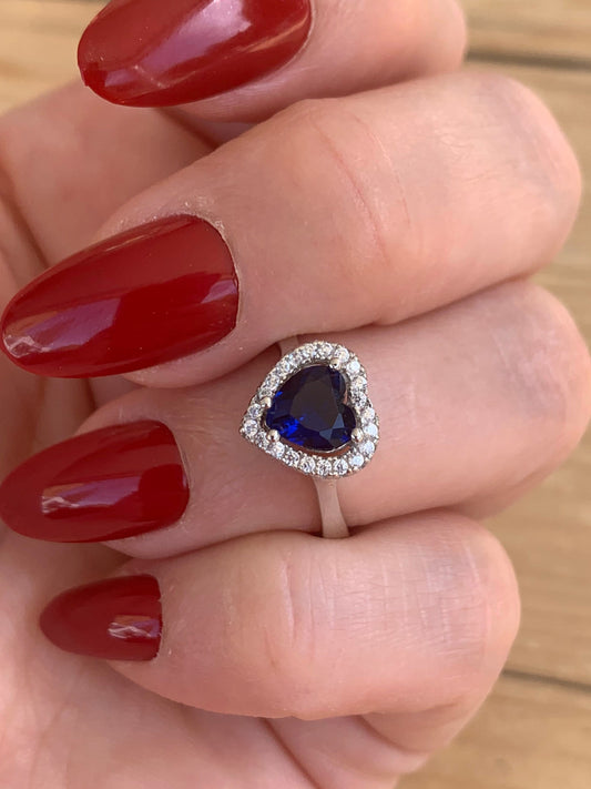 Sterling Silver Adjustable Sapphire Heart Ring -