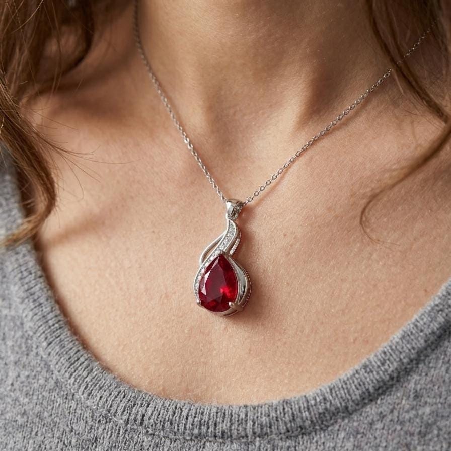 Ruby Teardrop Necklace – Sterling Silver July Birthstone Pendant - Gift For Her