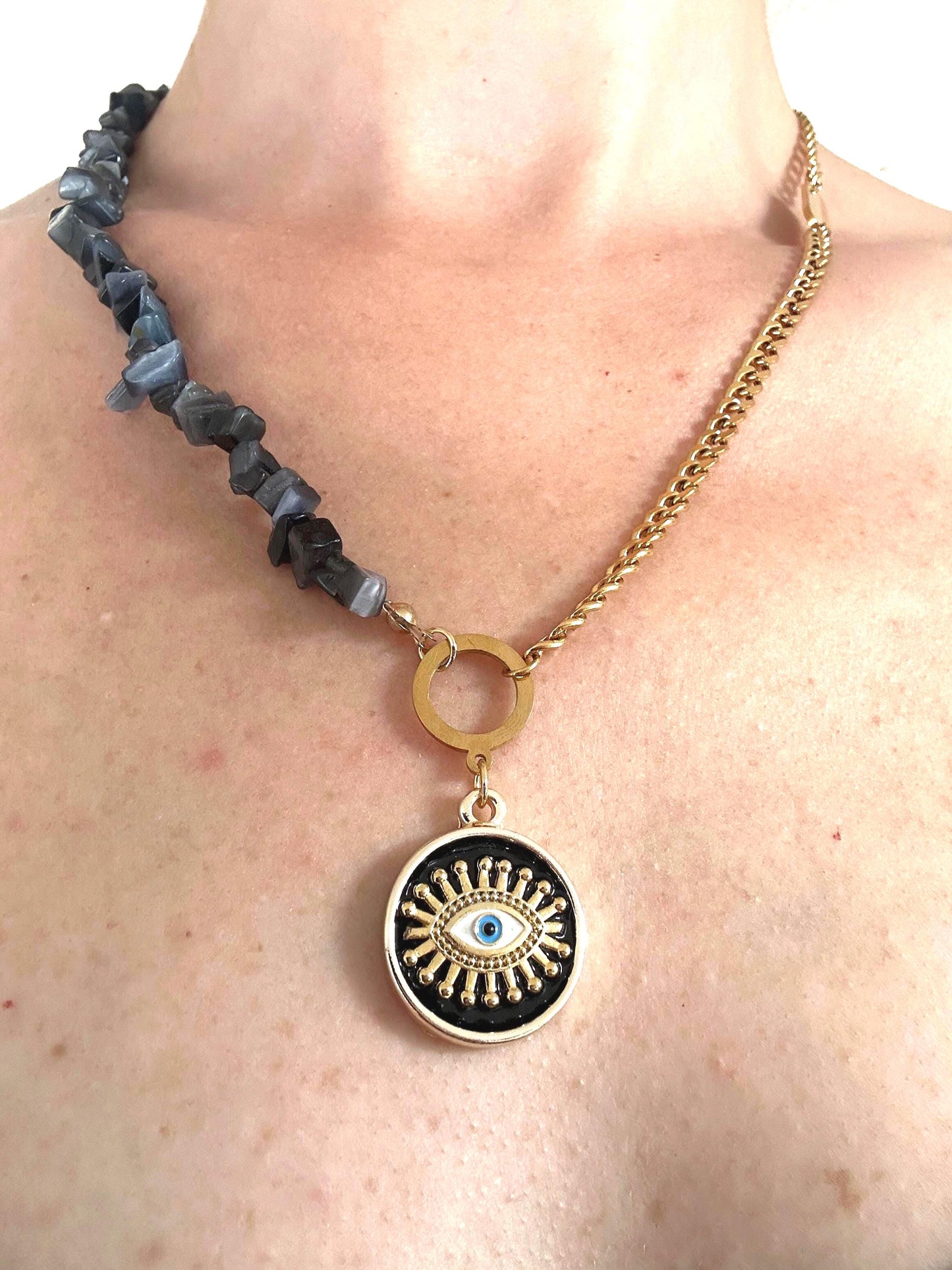 Evil Eye Pearl Necklace: Gold Brass Pendant