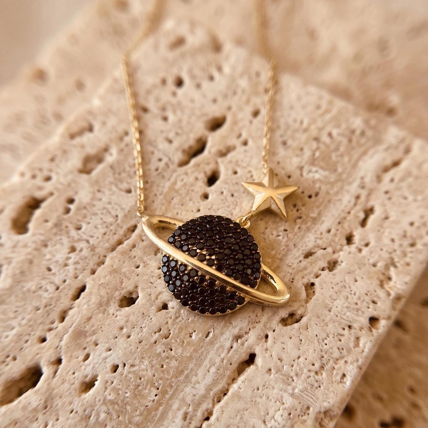 Chic Gold Vermeil Saturn Necklace - Sterling Silver Planet with Black Zircon
