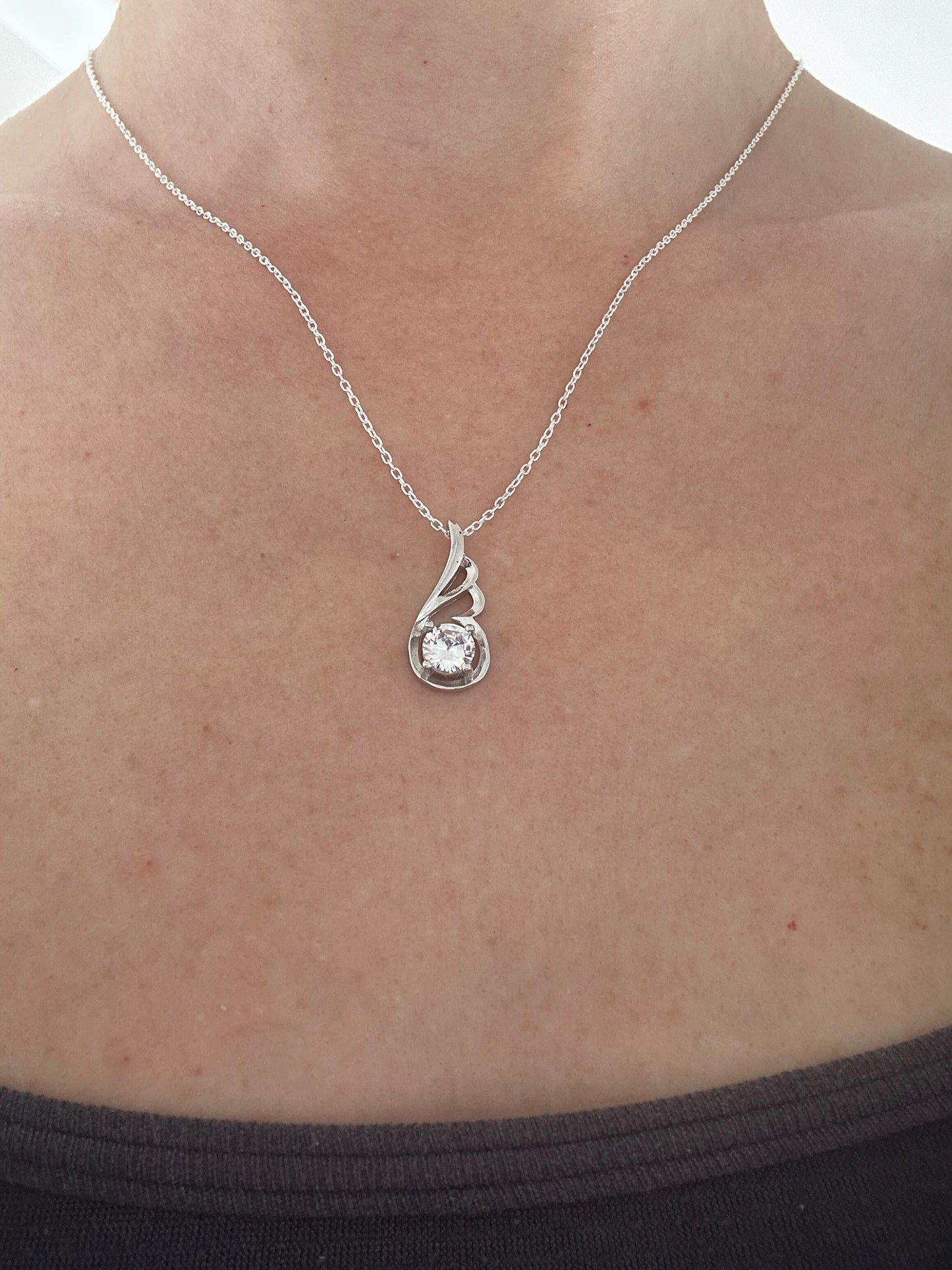 Angel Wing Necklace in Sterling Silver - April Birthstone Necklace -Gift For Her