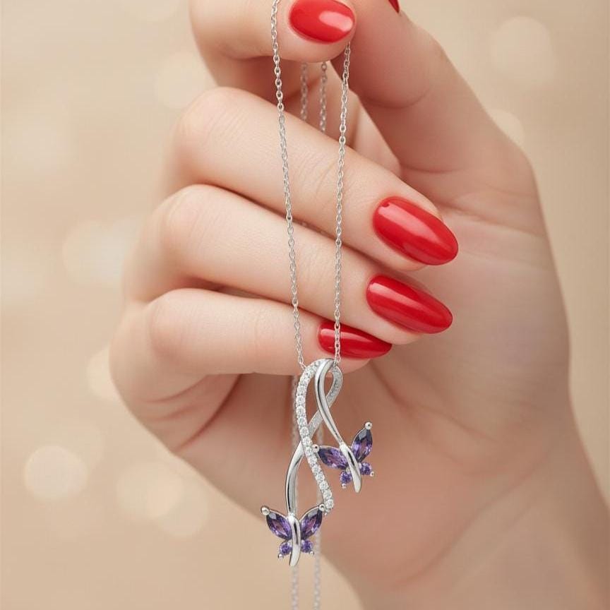Infinity Amethyst Necklace with Butterfly Charm - February Birthstone Pendant -