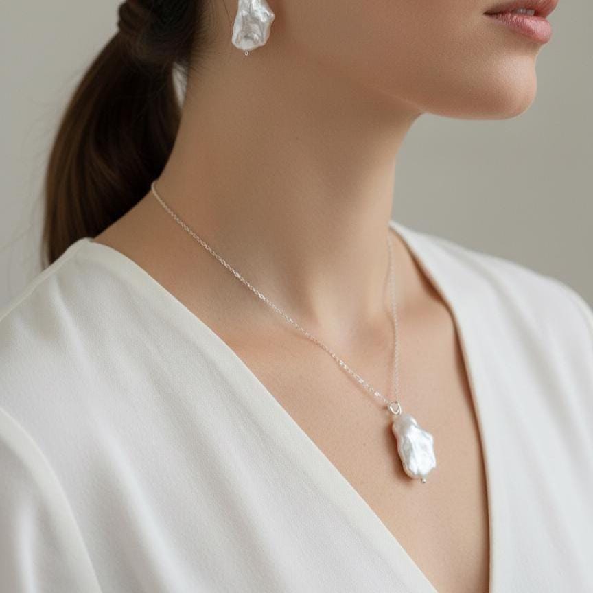 Handcrafted Sterling Silver Baroque Pearl Necklace & Earrings Set