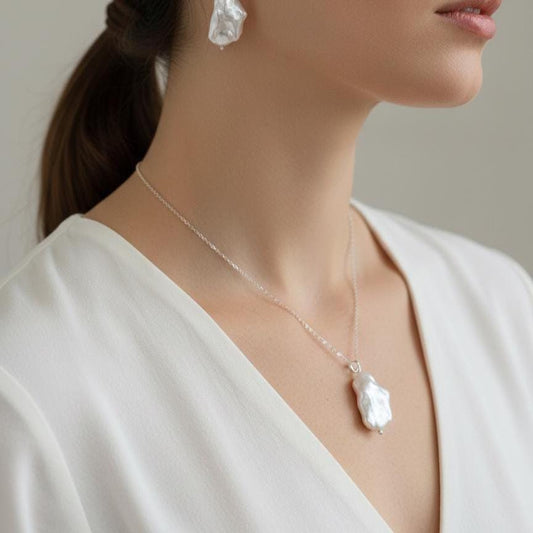 Handcrafted Sterling Silver Baroque Pearl Necklace & Earrings Set