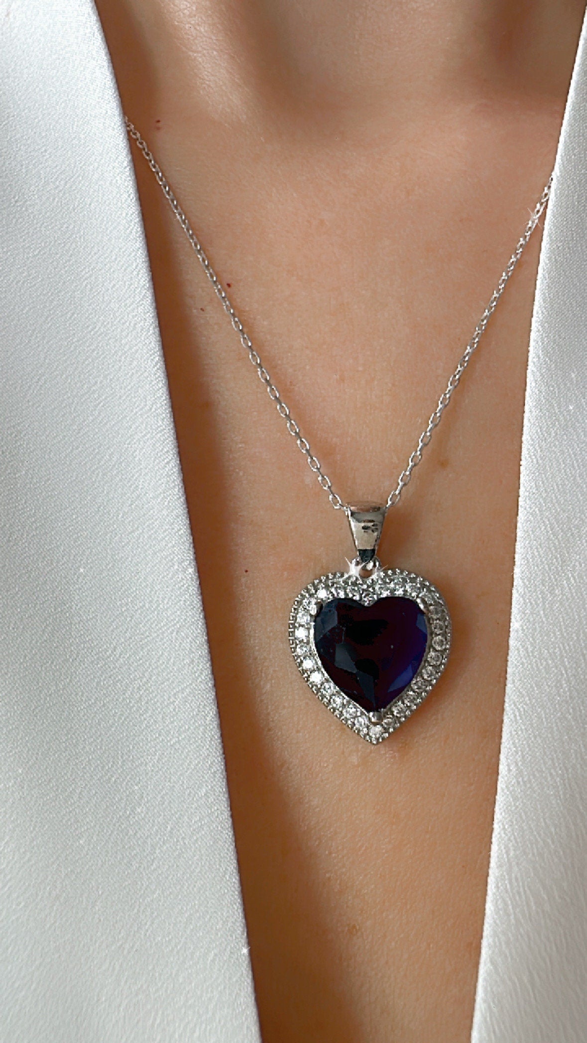 Sapphire Heart Sterling Silver Necklace & Earrings Set - September Birthstone