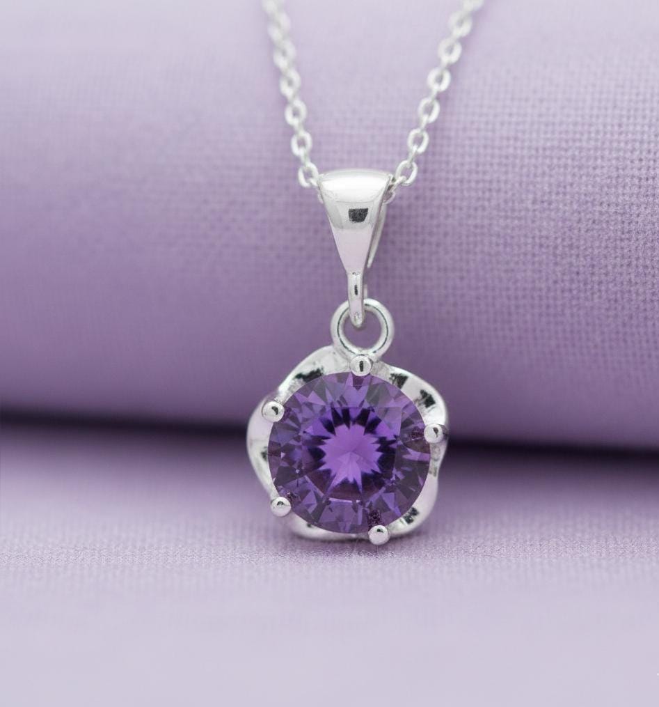 Amethyst Floral Pendant Necklace - Birthstone Jewelry for February Birthdays -